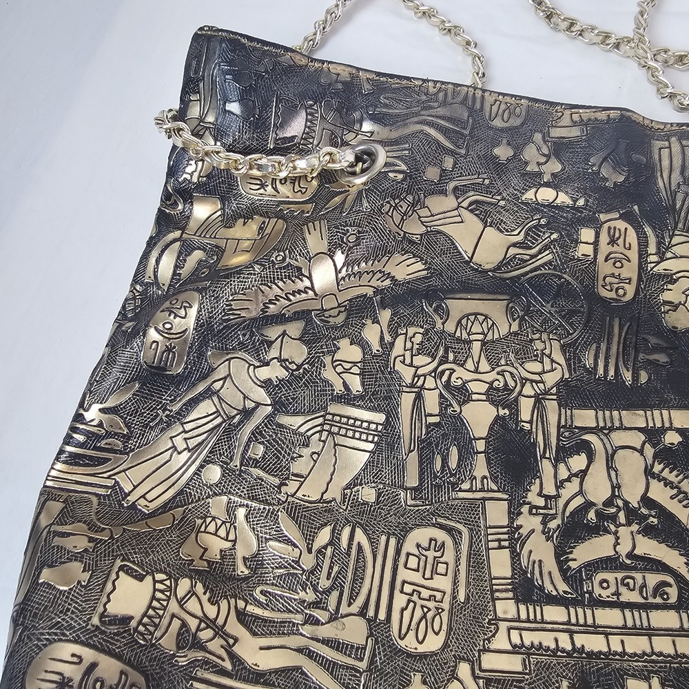 Vintage Gold Black Egyptian Design Scene Gold Chain Purse Bag Handbag Shoulder - Picture 3 of 7